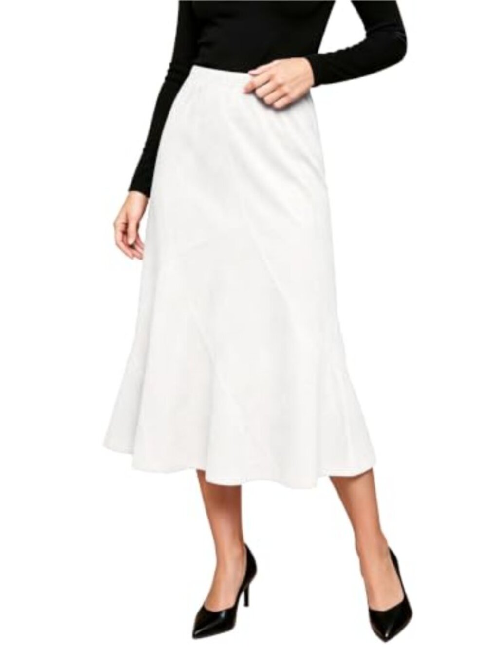 Women's A-Line Midi Skirt High Rise Elastic Waist Loose Hem Solid